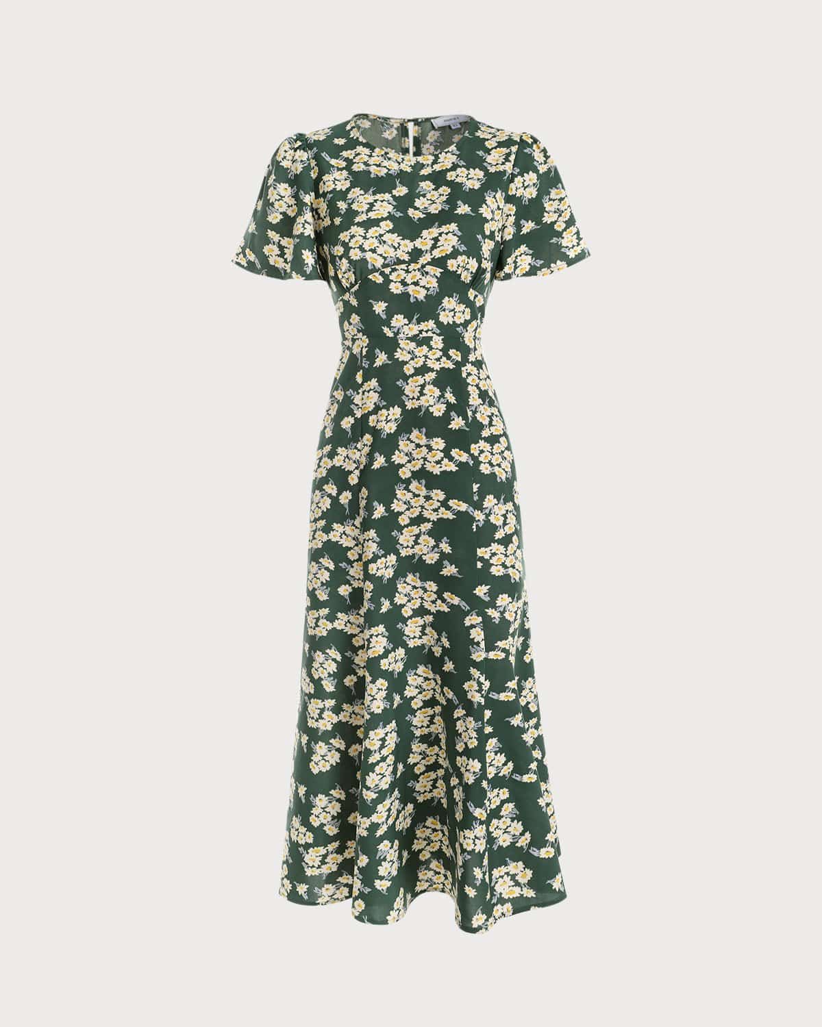 The Green Round Neck Short Sleeve Floral Midi Dress