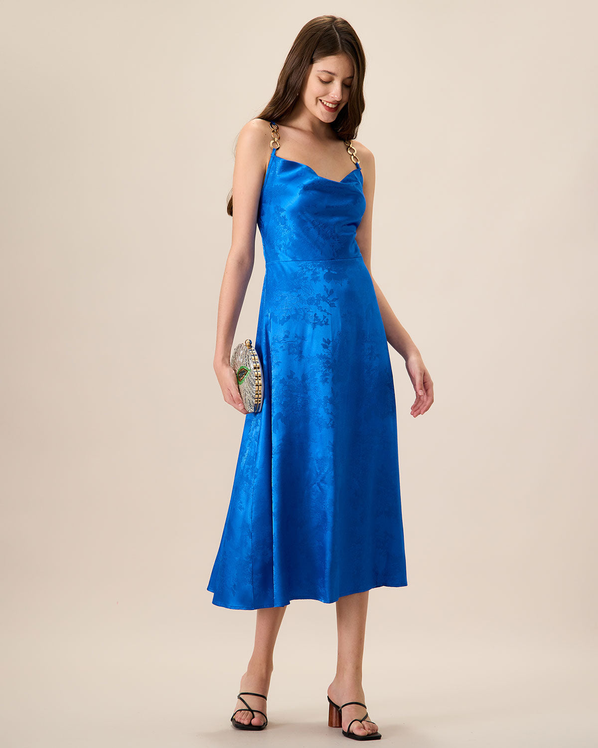 Women's Blue Cowl Neck Jacquard Slip Midi Dress