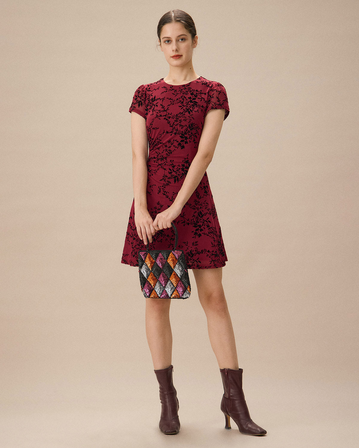 Red Floral Boat Neck Mini Dress