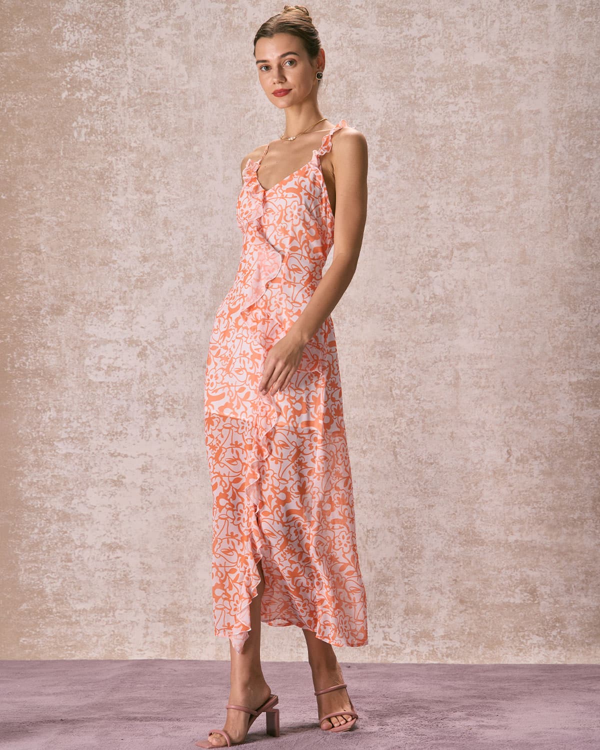 The Orange V Neck Floral Ruffle Maxi Dress