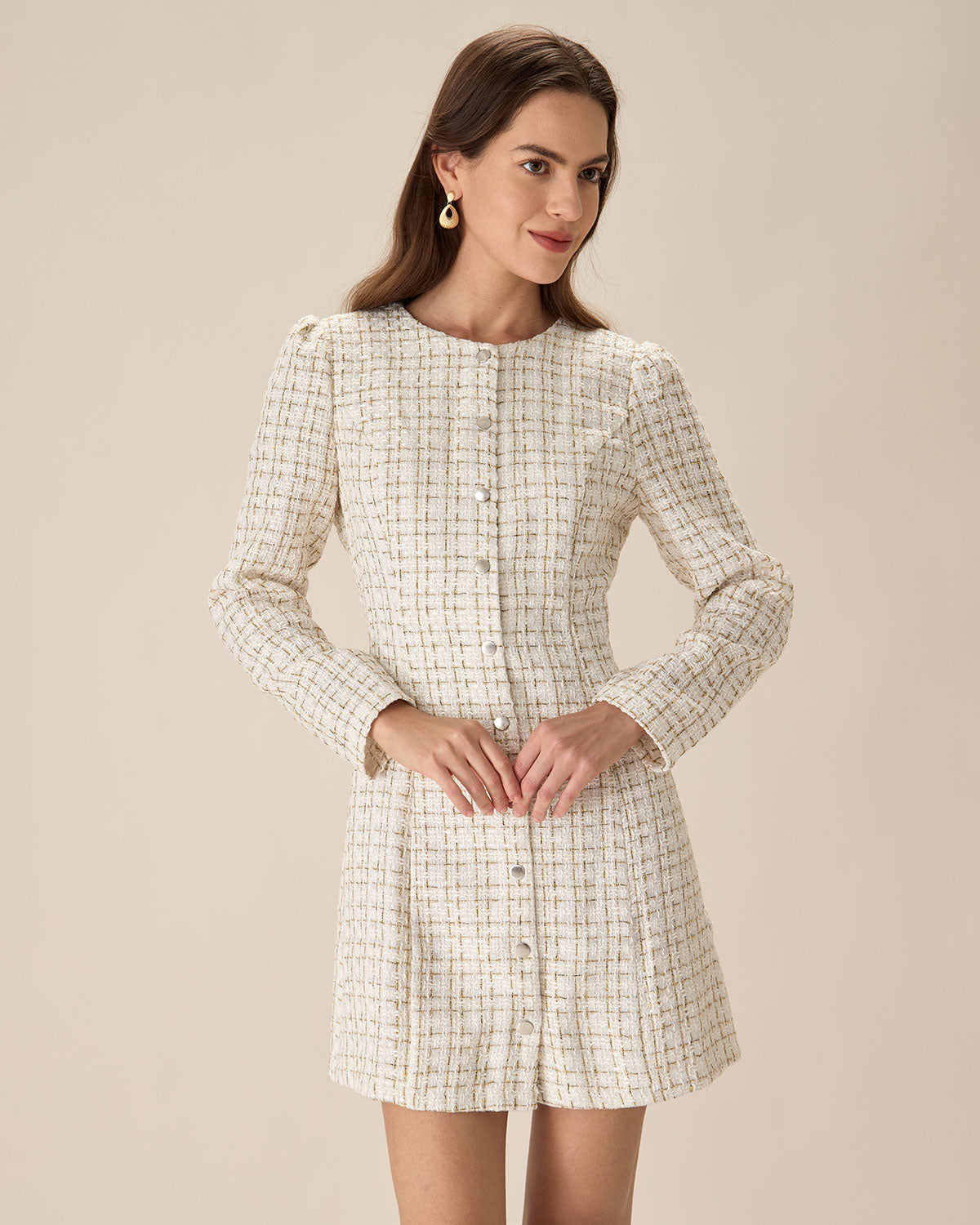 White Square Neck Tweed Mini Dress