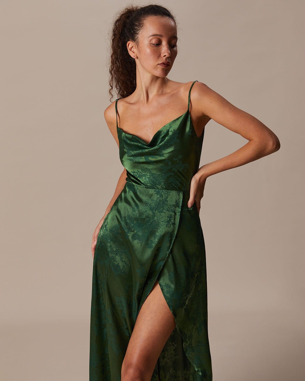 The Green Cowl Neck Jacquard Satin Maxi Dress