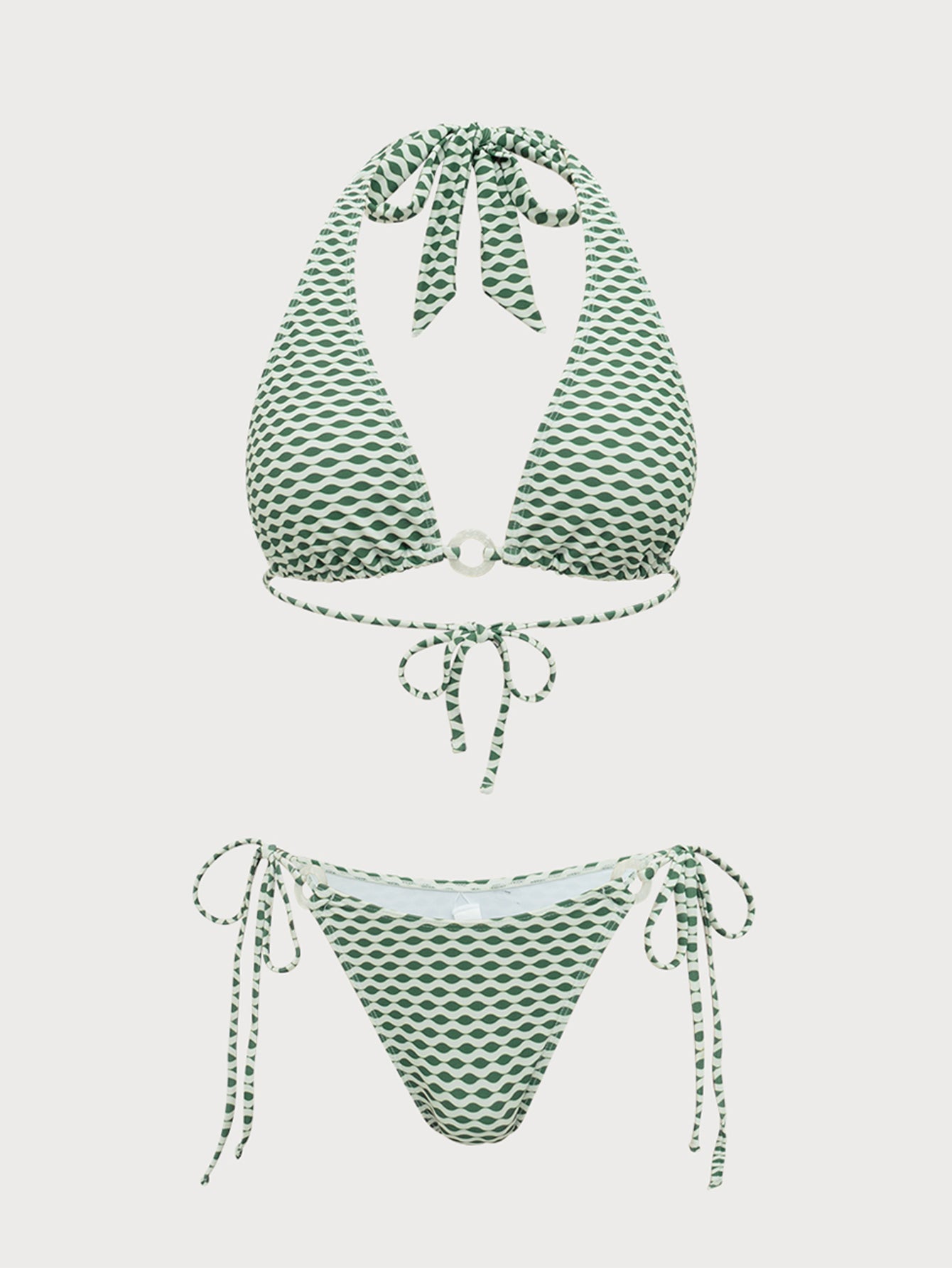 Green Wave Print Hoop Bikini Set