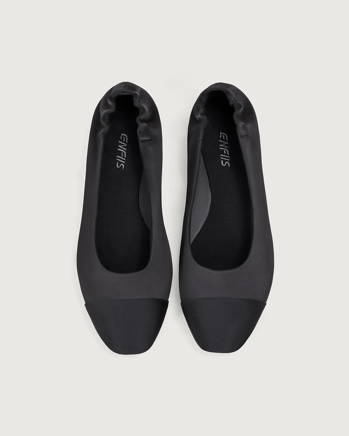 Enfiis Black Satin Square Toe Ballet Flats