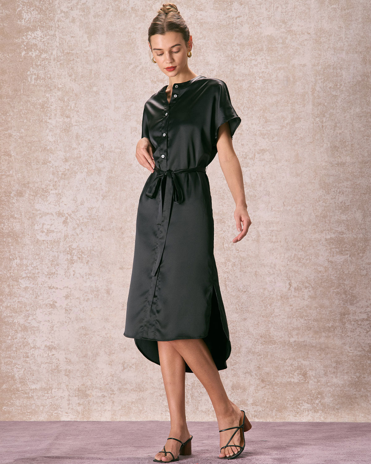 The Black Crew Neck Belted Satin Midi Dress