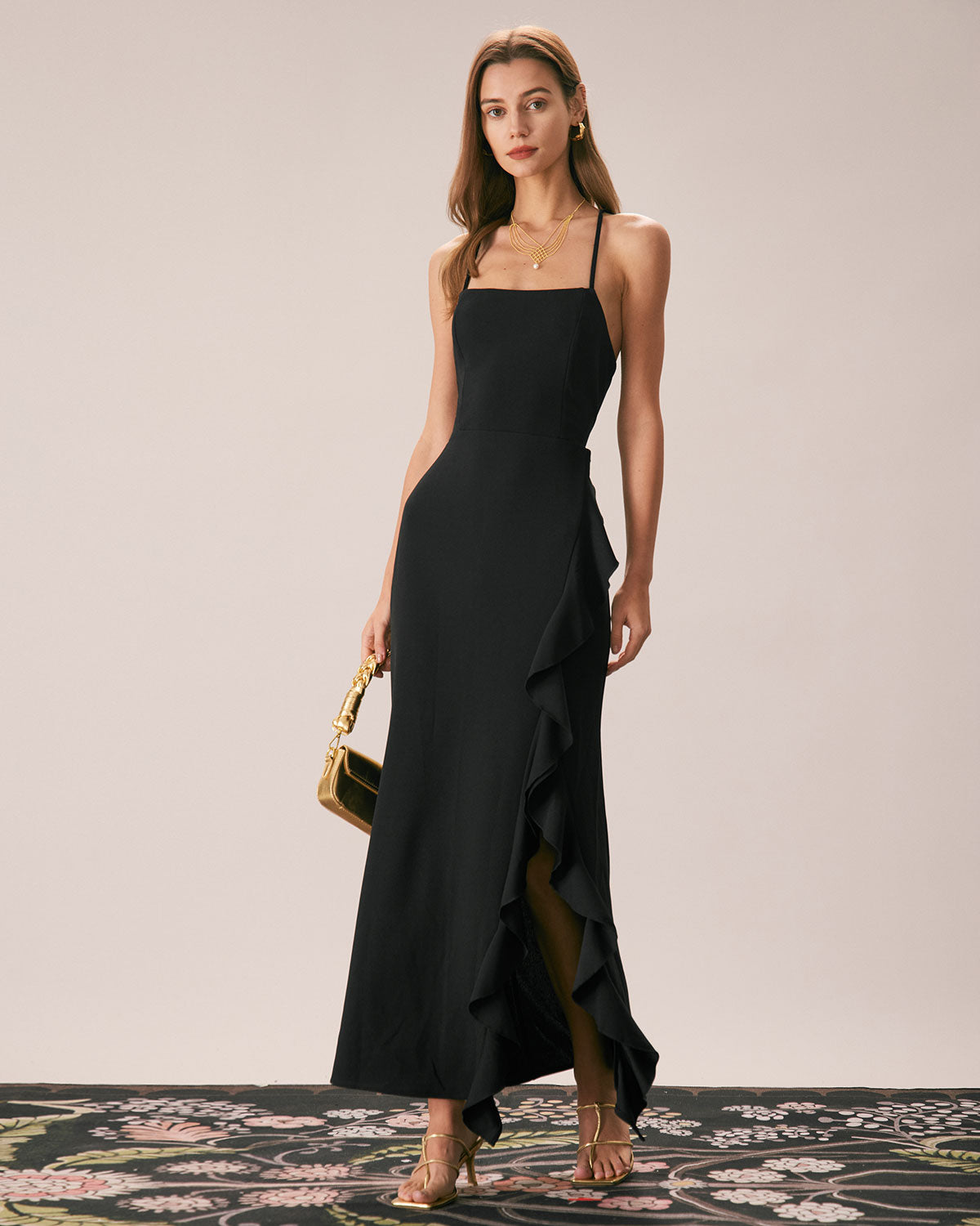 The Black Ruffle Cross Back Strap Maxi Dress