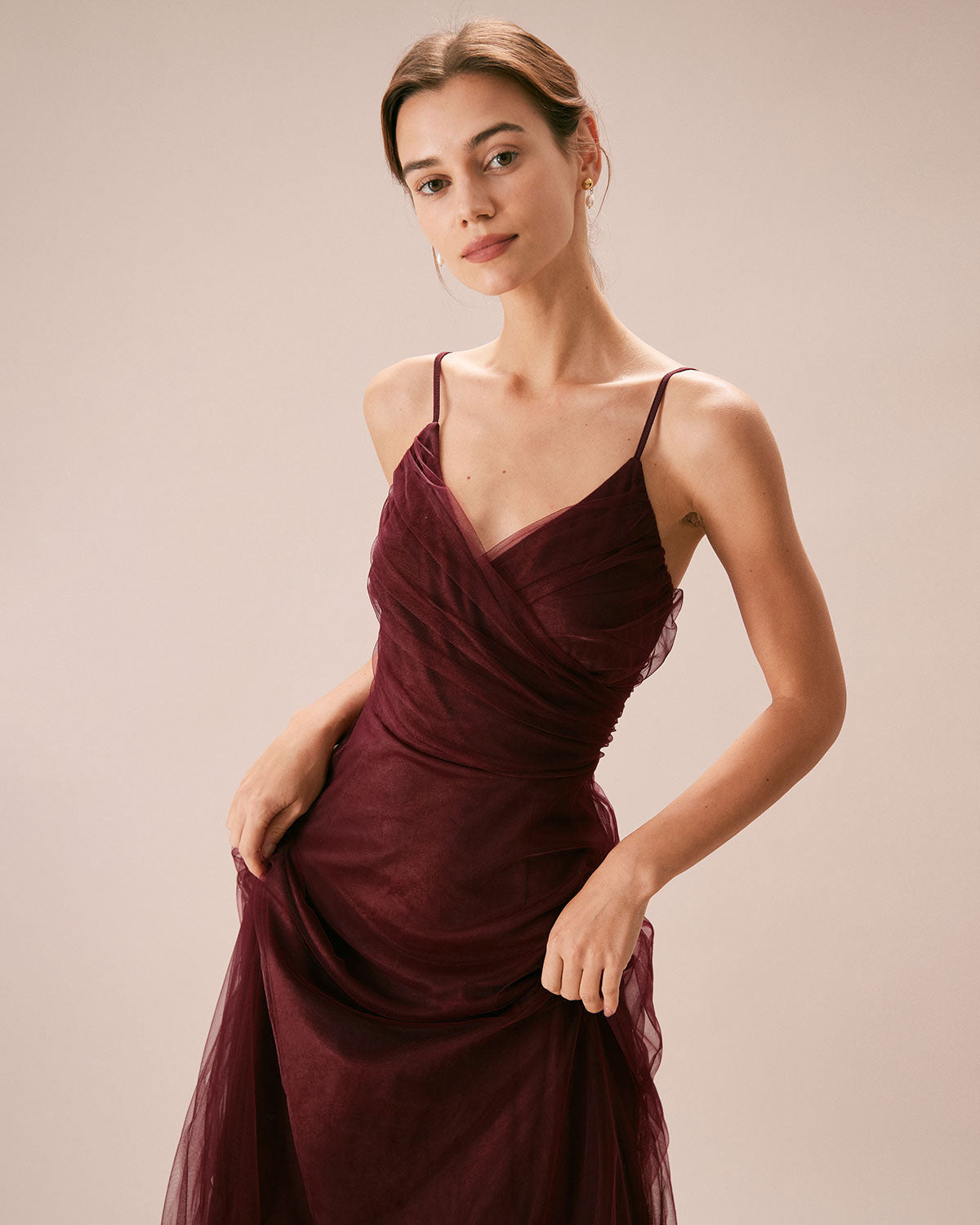 The Wine Red V Neck Mesh Wrap Maxi Dress