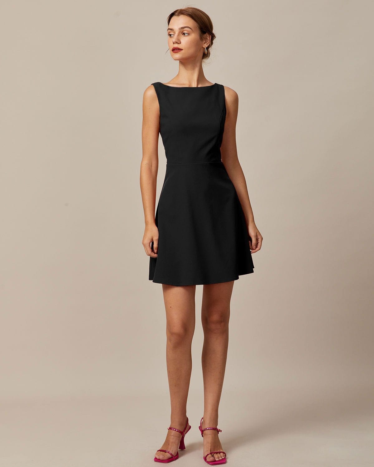 The Black Boat Neck High Waisted Mini Dress