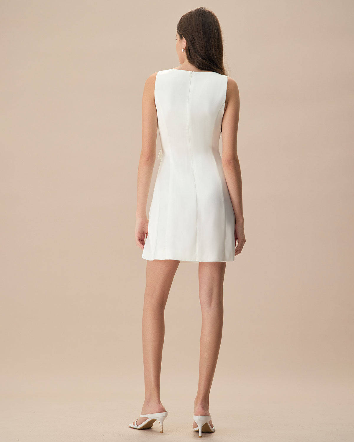 The White Boat Neck Bowknot Satin Mini Dress