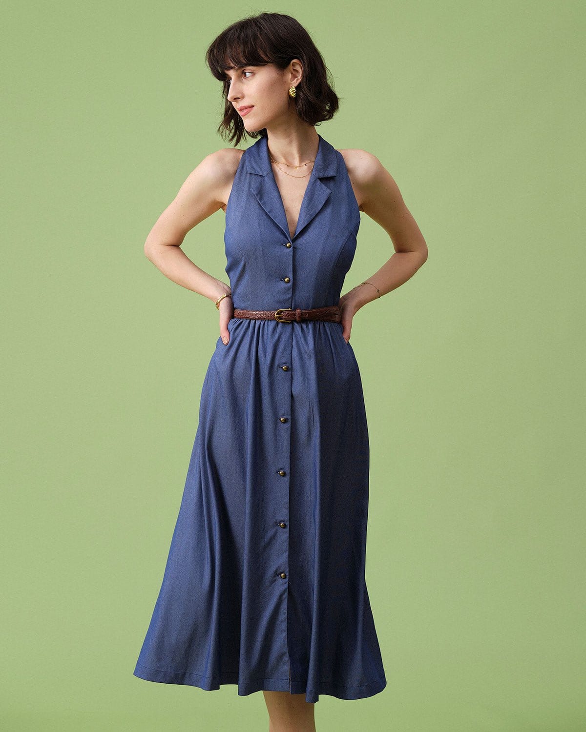 The Blue Lapel Tunic Sleeveless Midi Dress