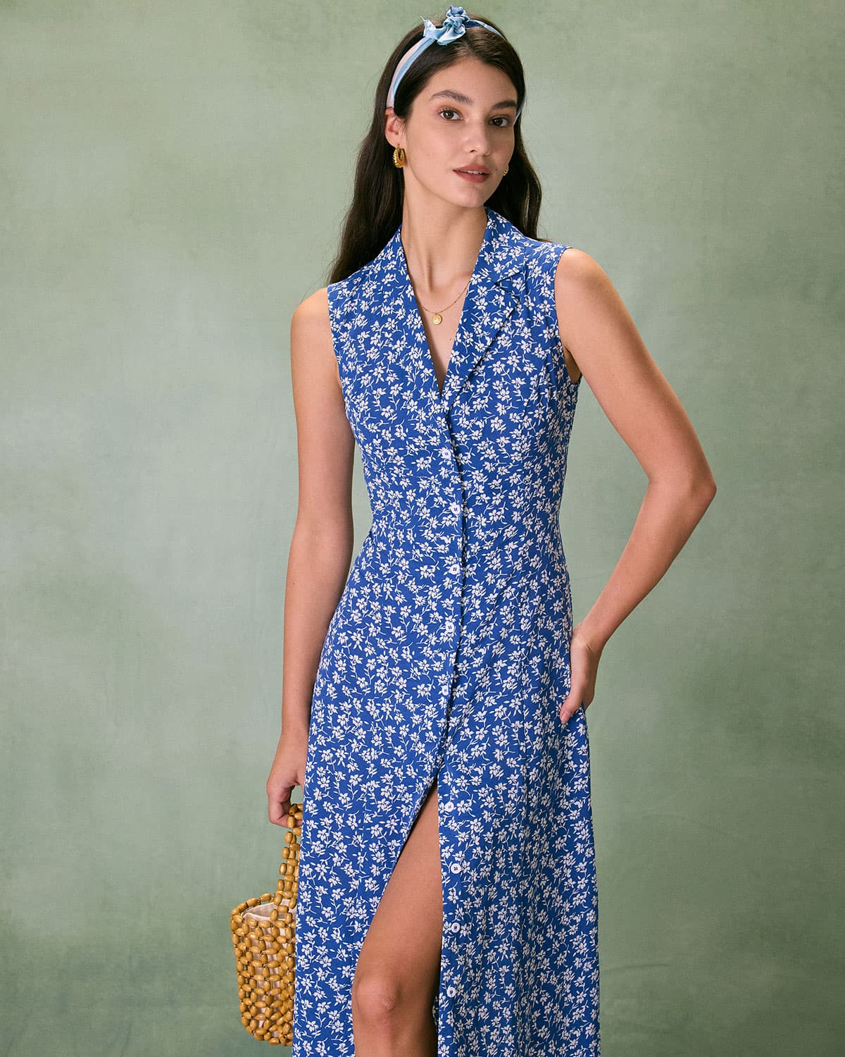 The Blue Collared Button-up Floral Maxi Dress