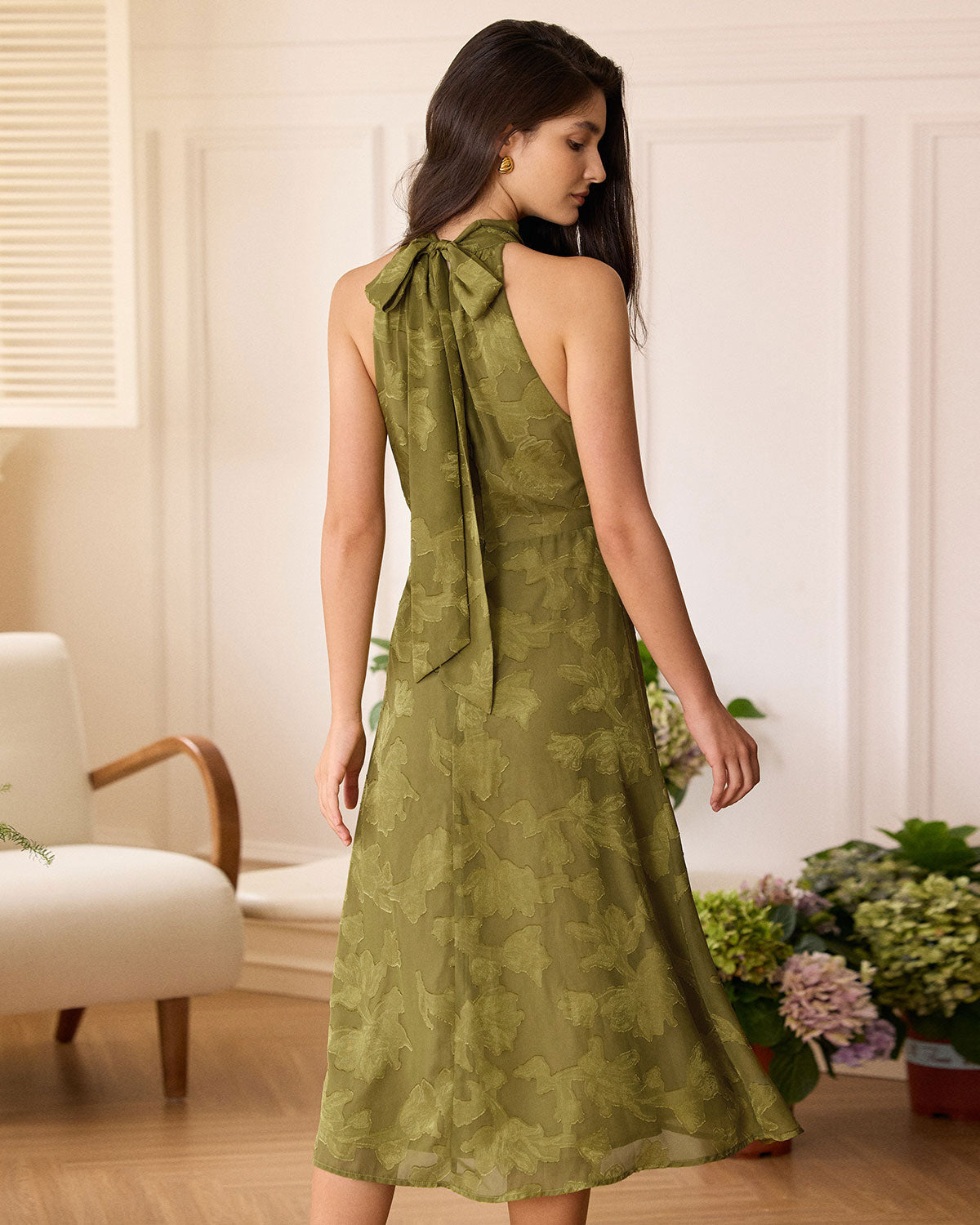 The Green Jacquard Ruched Halter Midi Dress