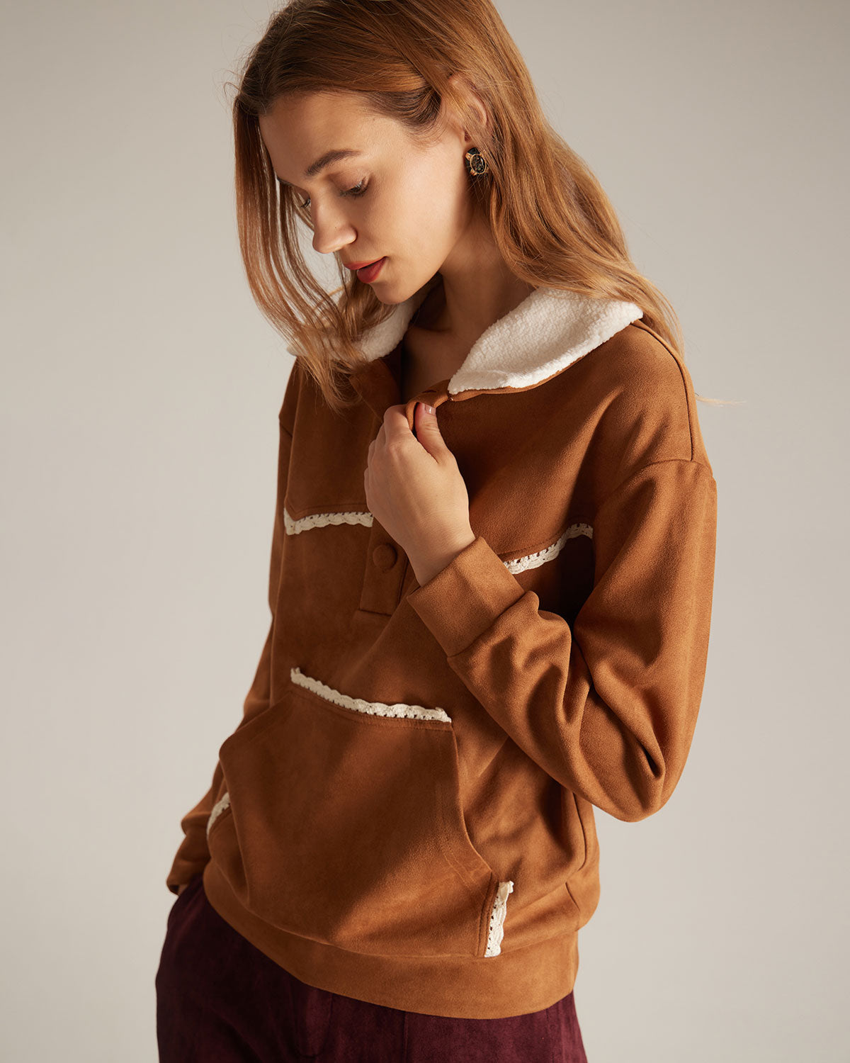 The Brown Lapel Button Suede Sweatshirt