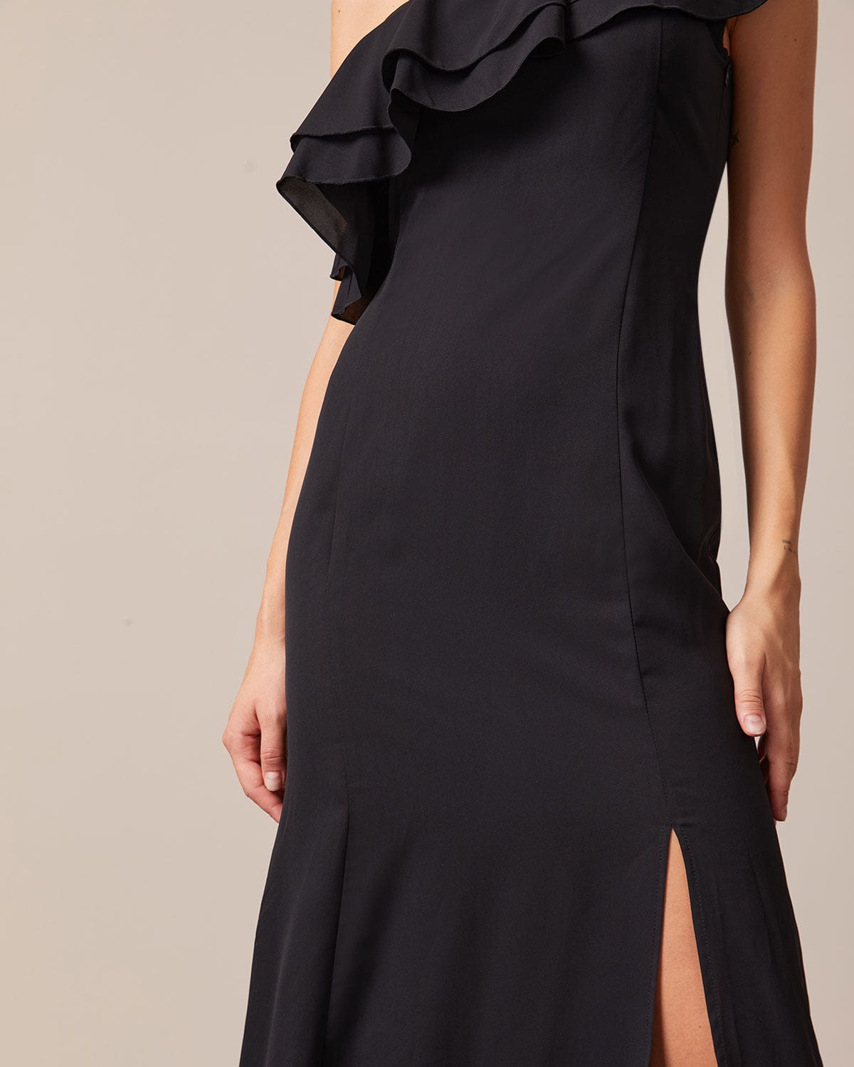 The Black One Shoulder Flounce Maxi Dress