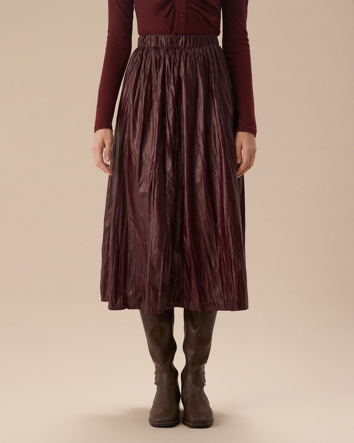 Wine Red Elastic Waist Ruched Midi Skirt