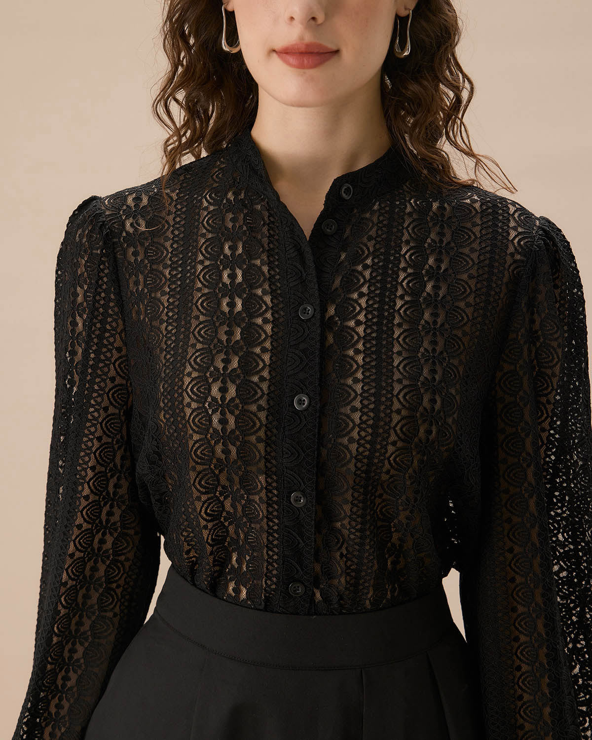 Black Lace Lantern Sleeve Blouse