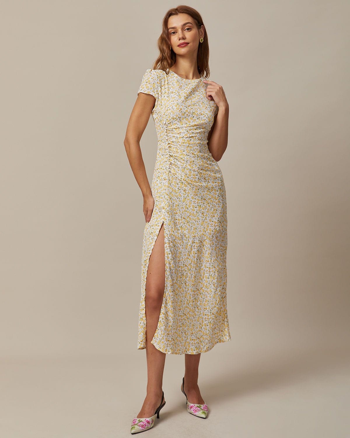 The Yellow Round Neck Floral Midi Dress