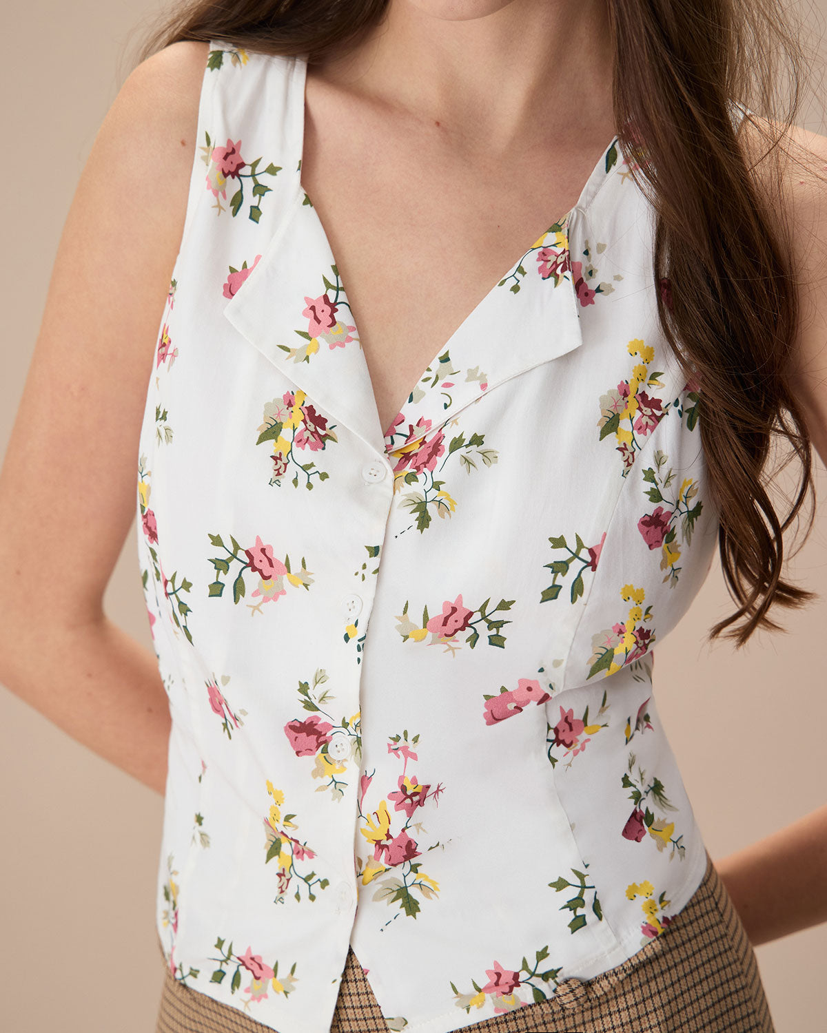 The White V Neck Floral Button Sleeveless Shirt