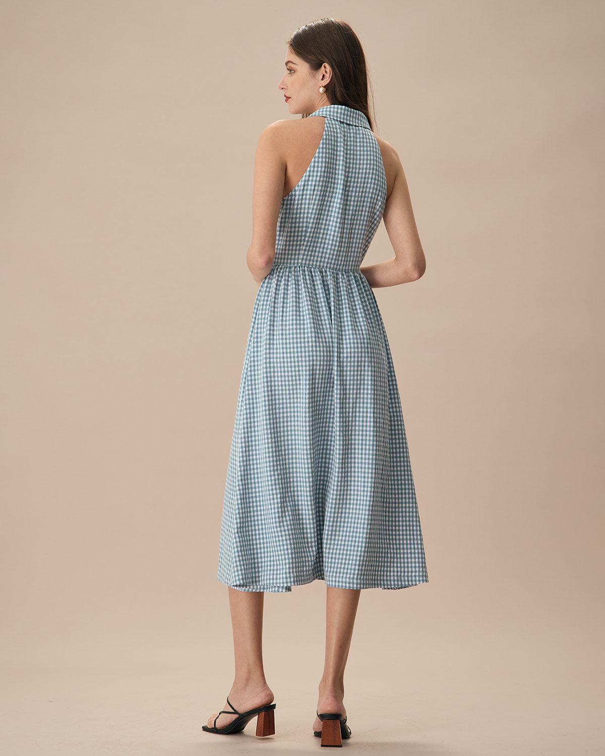 The Blue Lapel Plaid Sleeveless Shirt Midi Dress