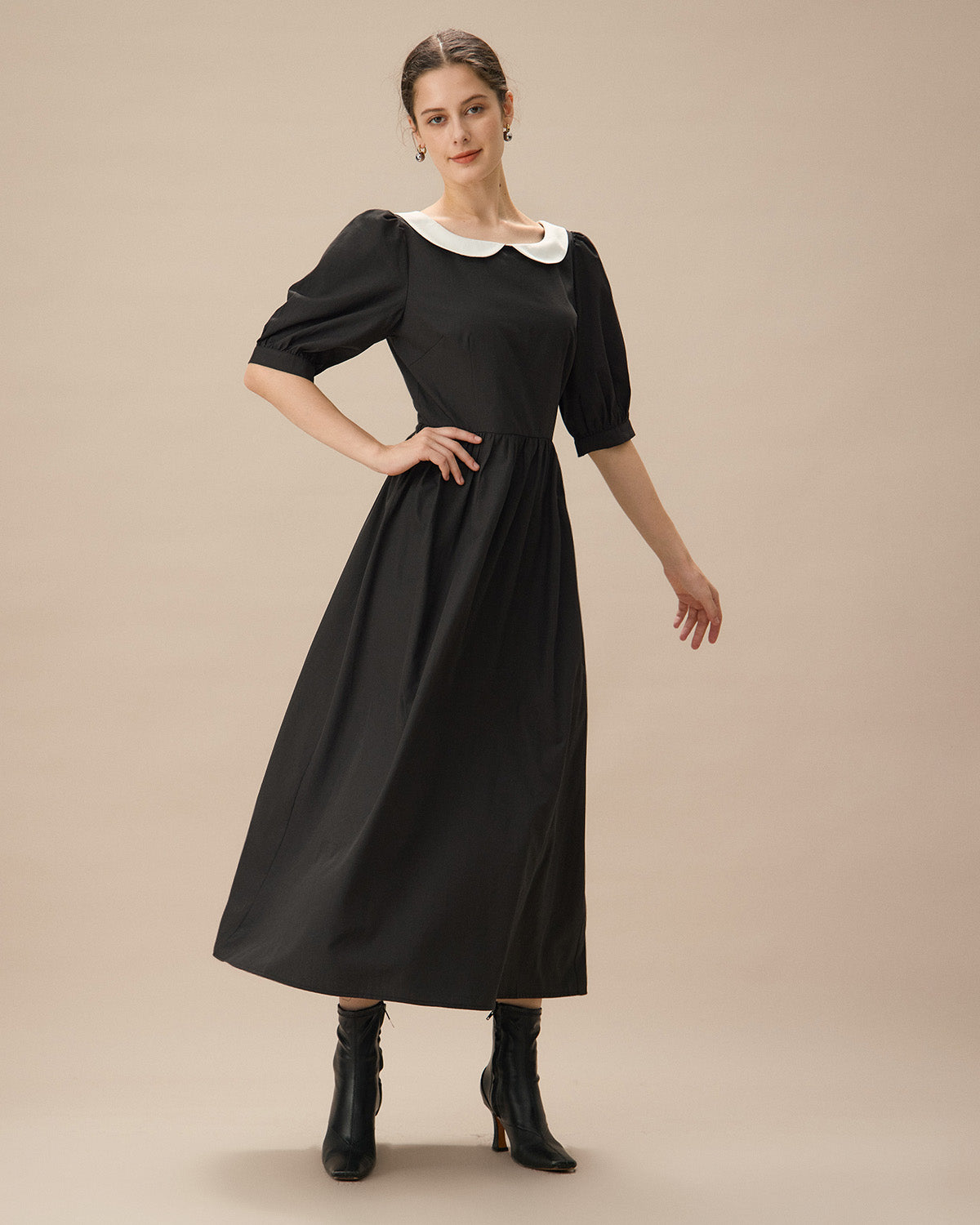 Black Contrasting Puffed Sleeve Maxi Dress