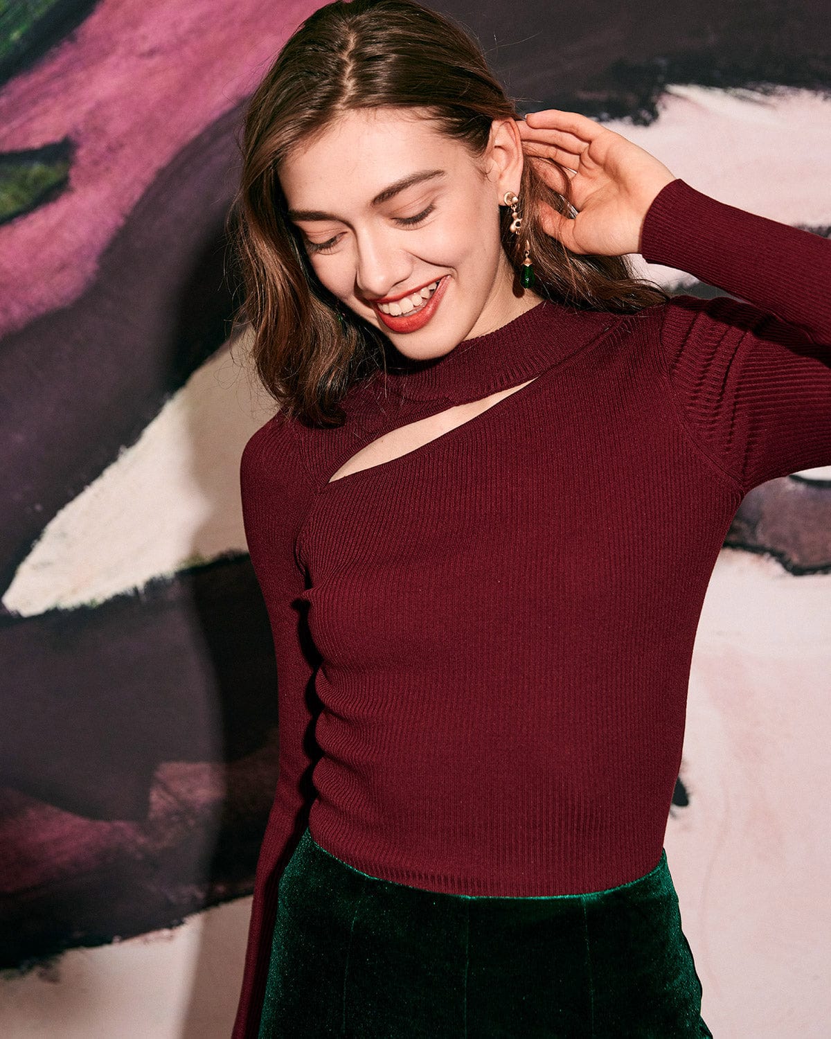 The Wine Red Slim-Fitting Cutout Knit Top