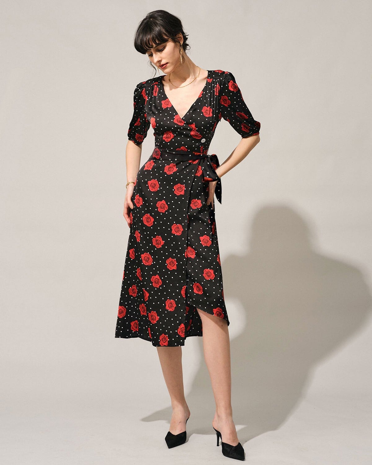 The V Neck Puff Sleeve Floral Wrap Midi Dress