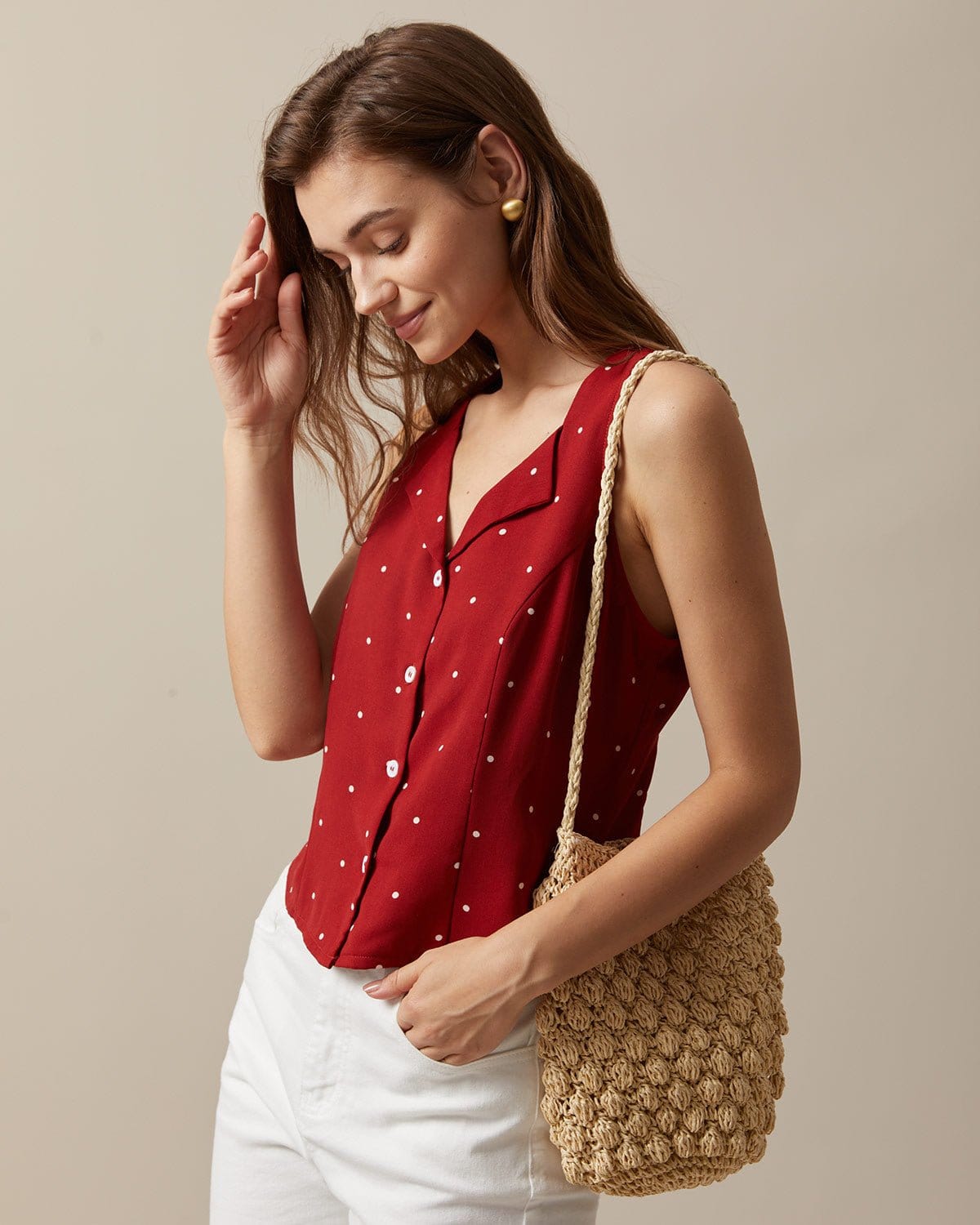 The Red V Neck Polka Dot Print Sleeveless Vest