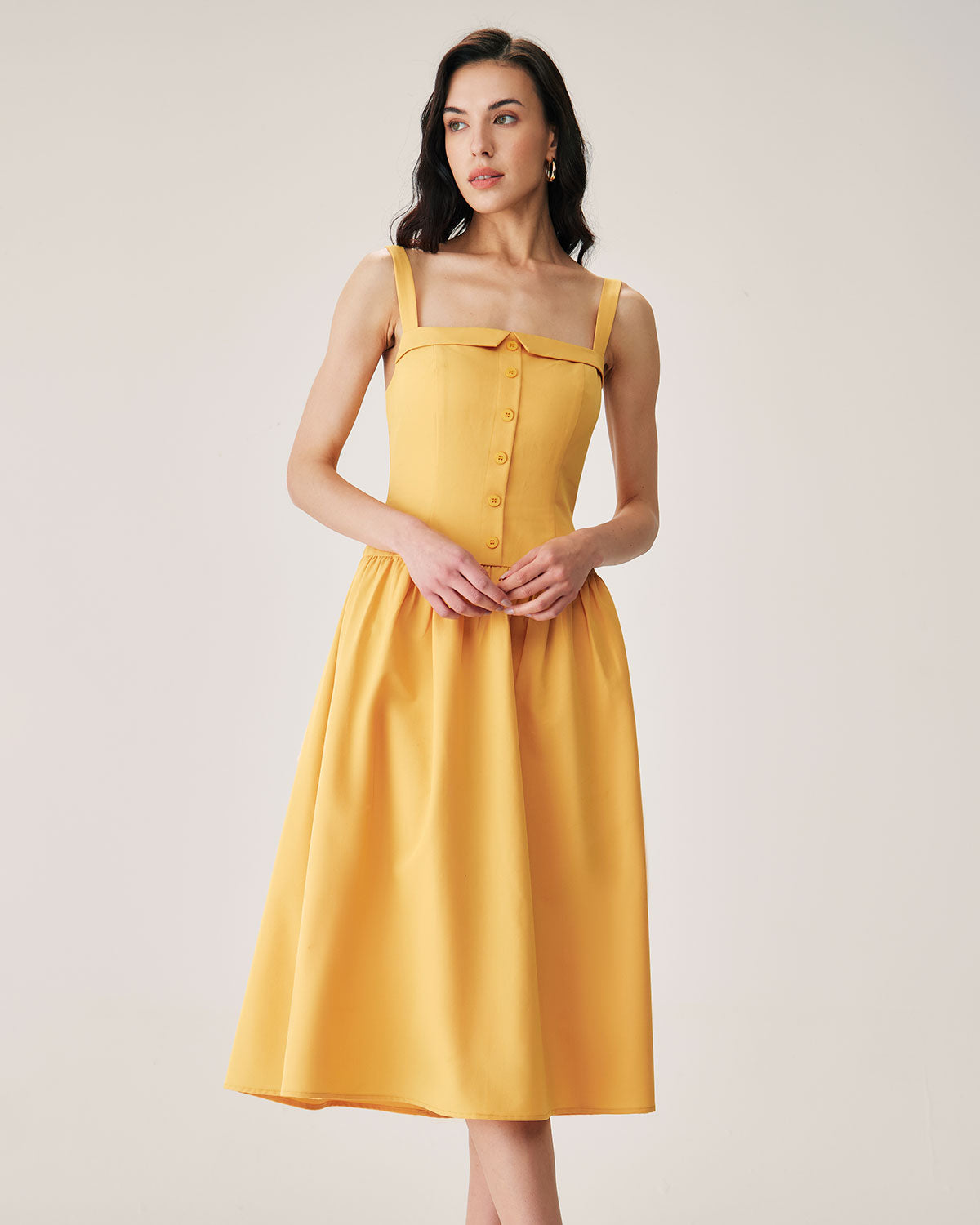 Yellow Button Pleated Slip Midi Dress