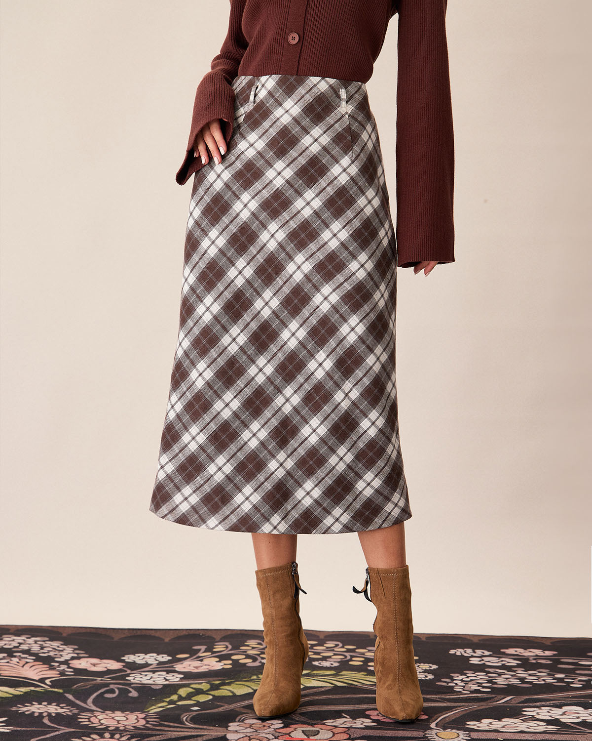 Brown Plaid Slit Satin Midi Skirt