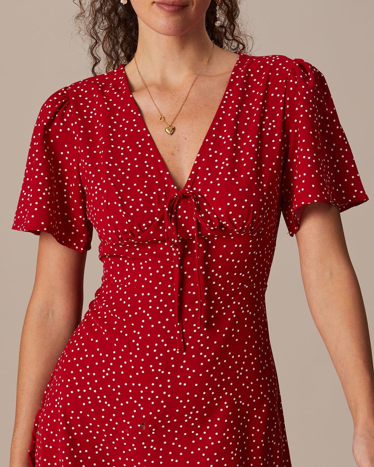 The Red V Neck Polka Dot Flounce Mini Dress