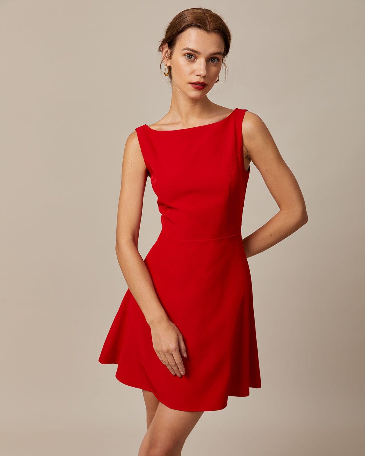 The Red Boat Neck High Waisted Mini Dress