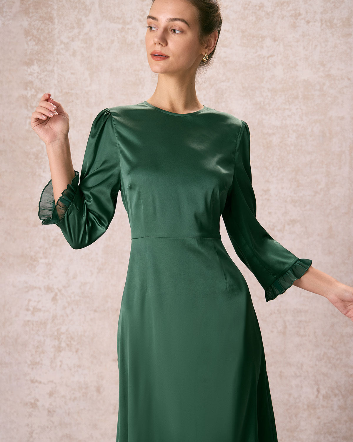 The Green Spliced Ruffle Poet Sleeve Midi Dress