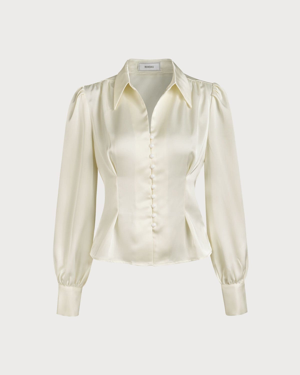 The Solid Collared Puff Sleeve Satin Blouse