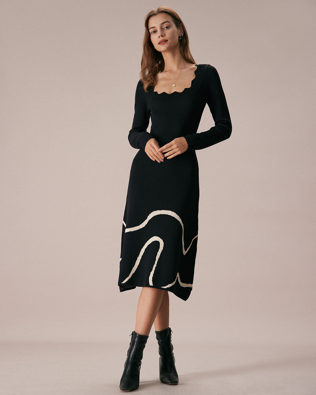 The Black Wave Scalloped Sweater Midi Dress