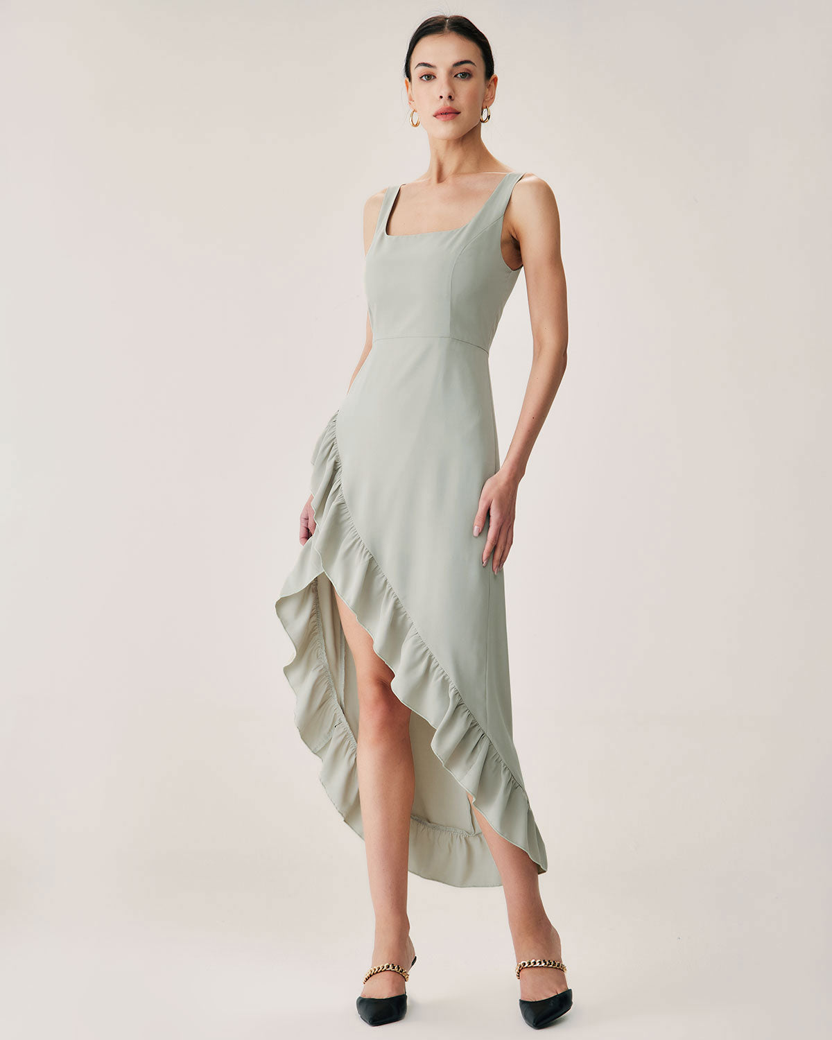 Green Ruffle Slit Slip Maxi Dress