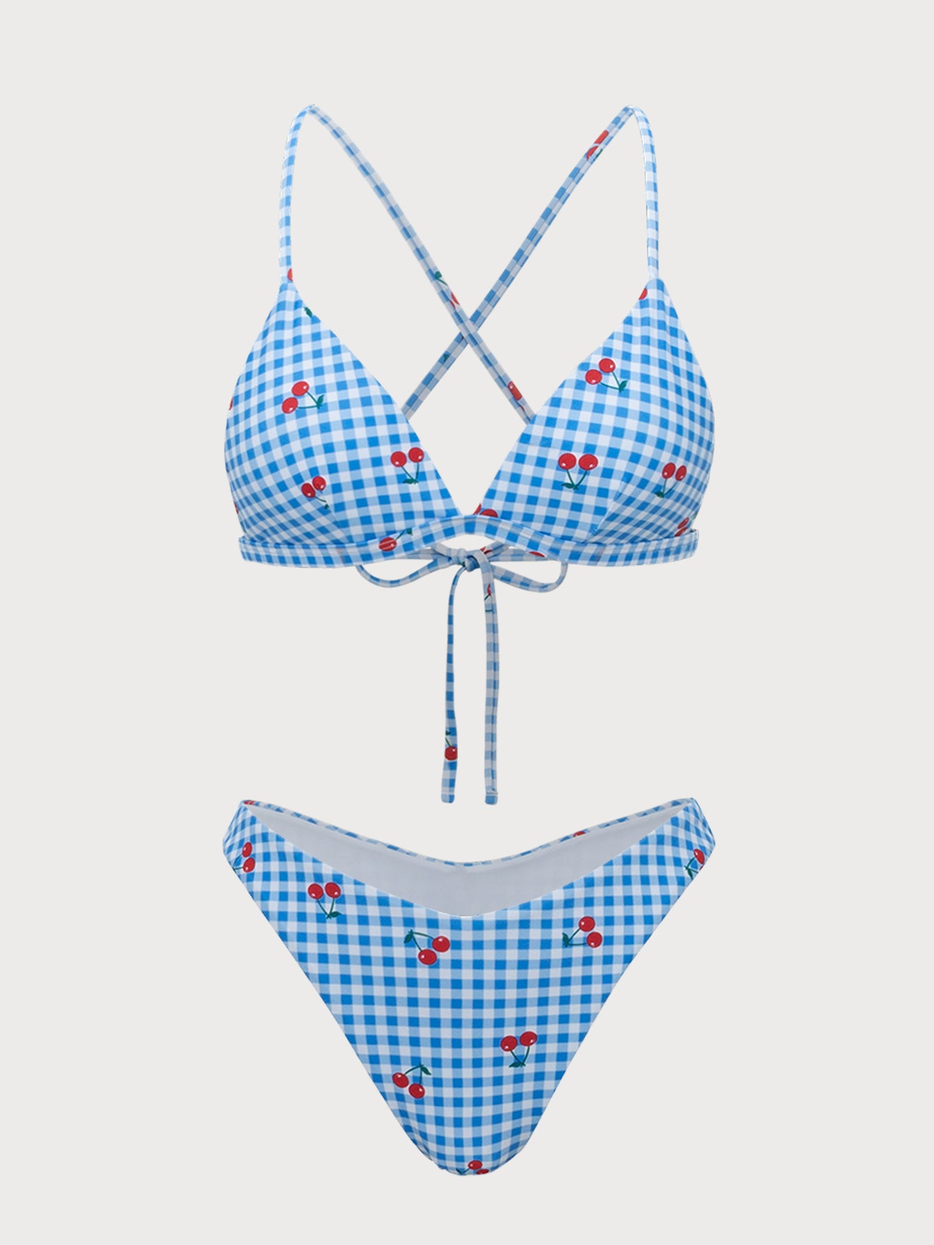 Blue Plaid Cherry Halter Bikini Set