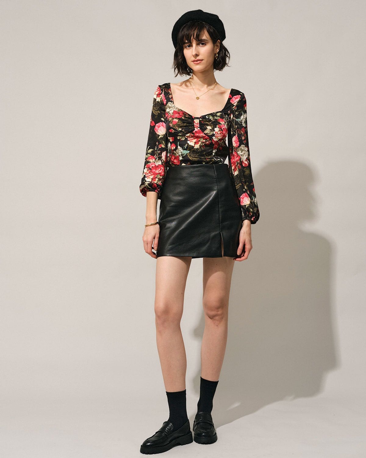 The Black Square Neck Floral Satin Blouse