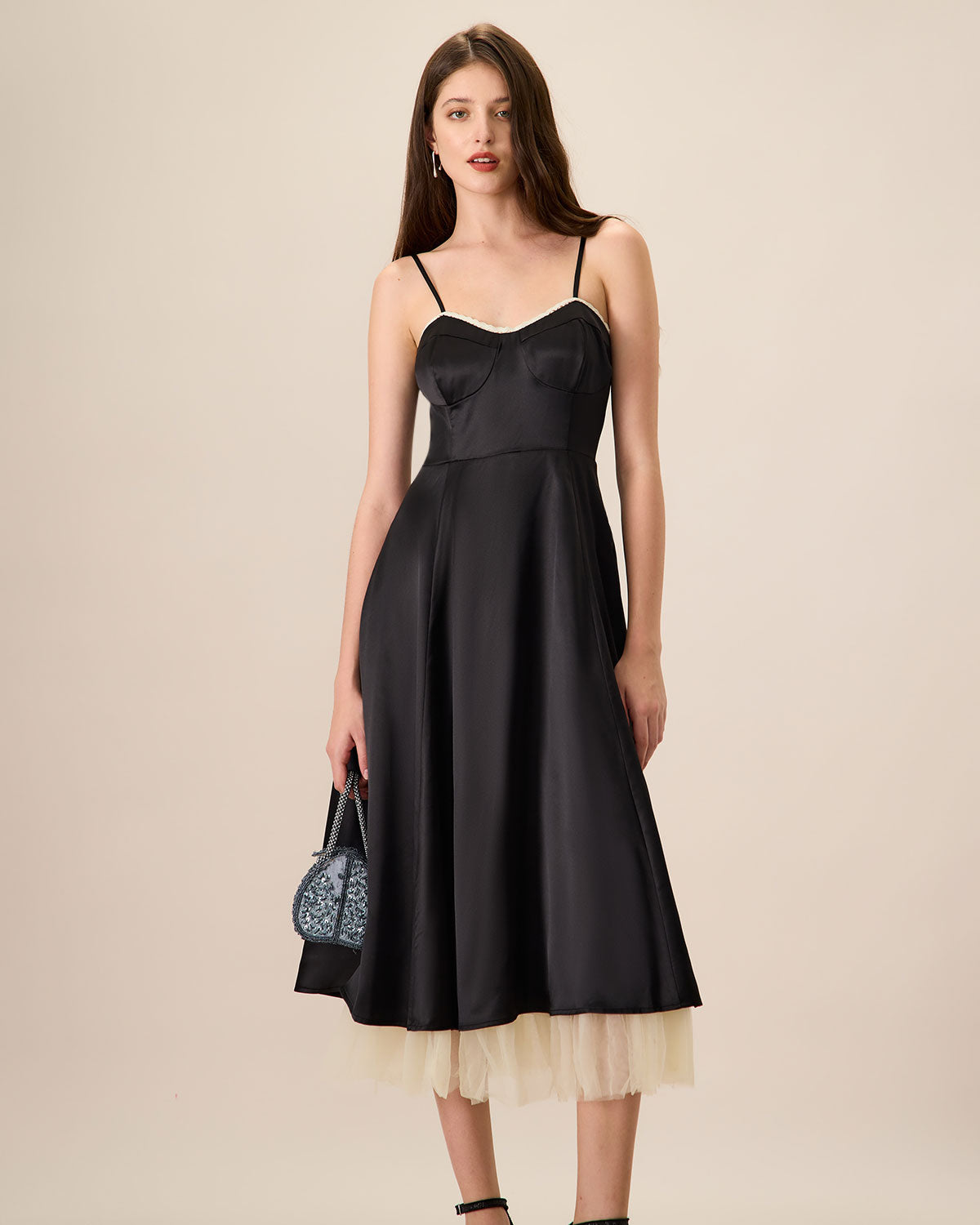 Women's Black Splicing Satin Slip Midi Dress