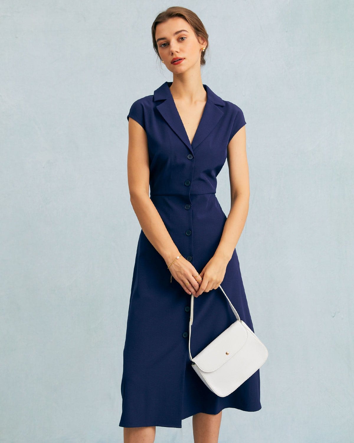 The Navy V Neck Button Cap Sleeve Midi Dress