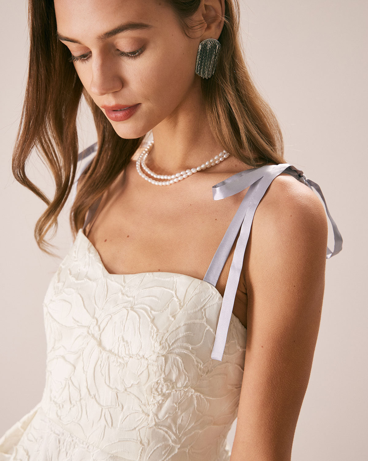 The Off White Jacquard Tie Strap Mini Dress