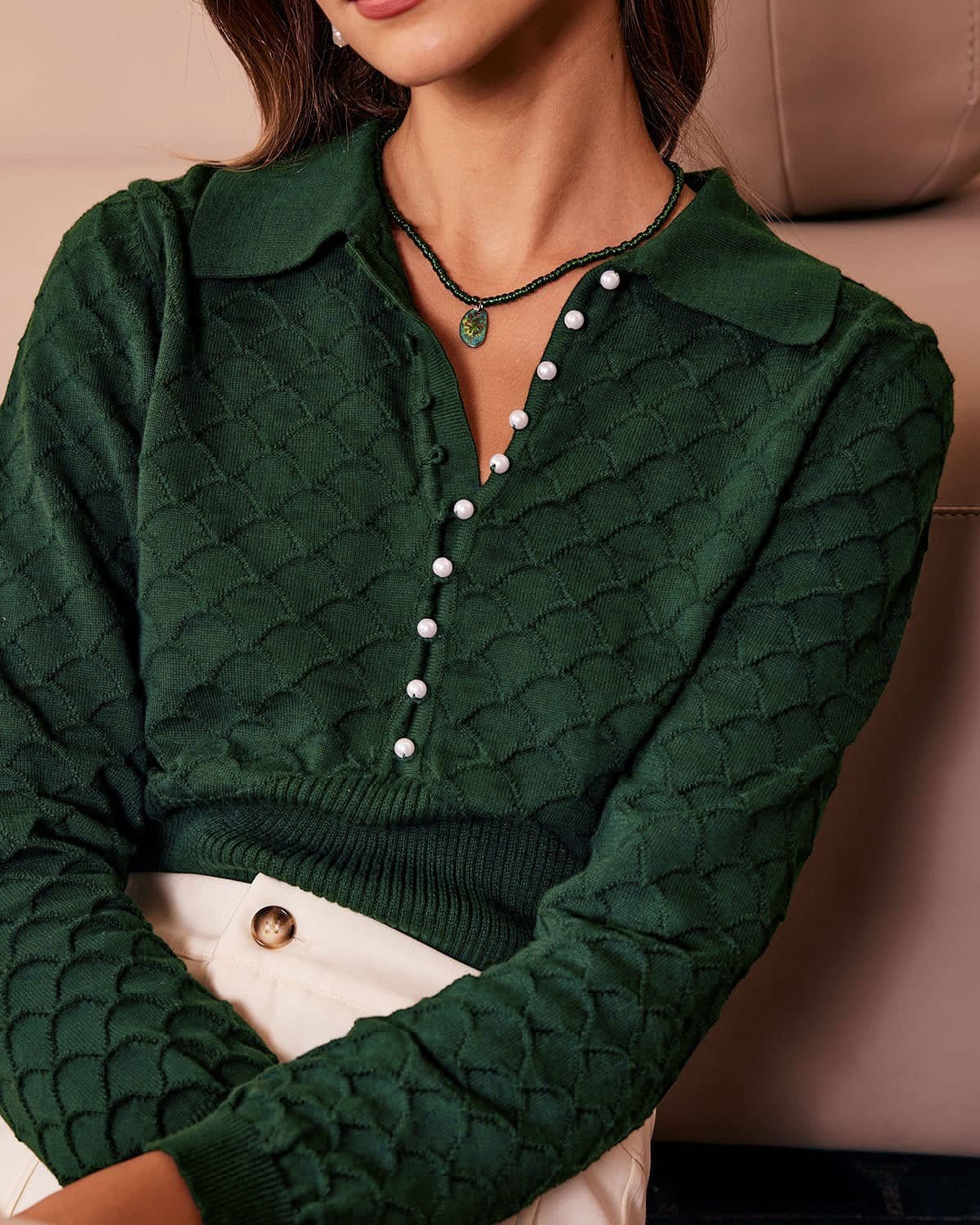 The Dark Green Lapel Ribbed Textured Knit Top