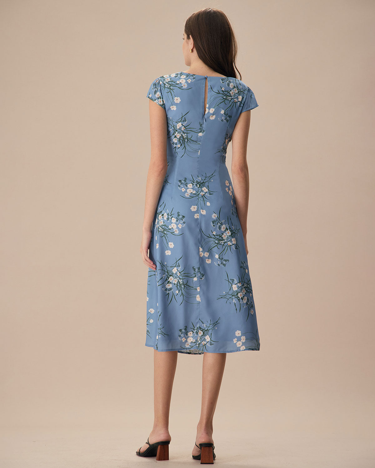 The Blue Round Neck Slit Floral Midi Dress