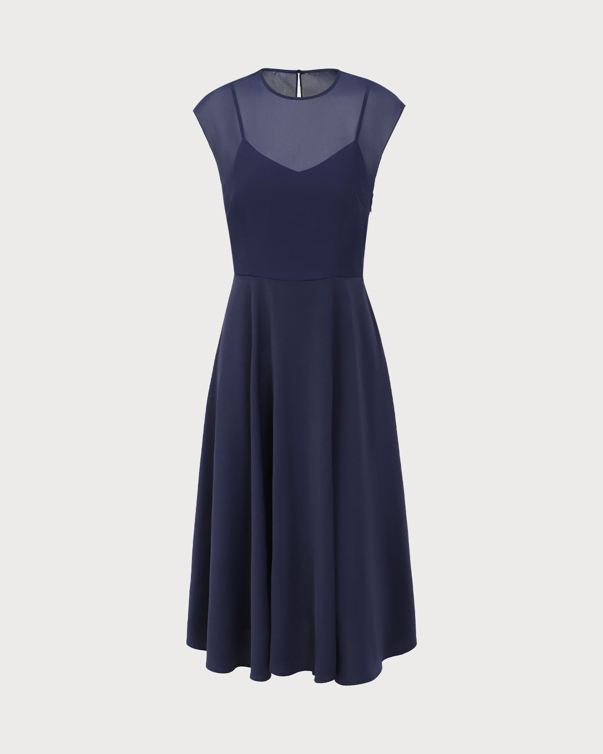 Navy See-through Cap Sleeve Midi Dress