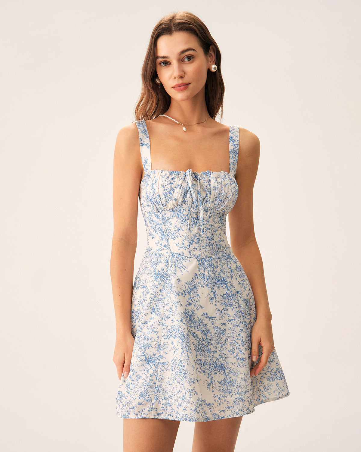 Blue Floral Ruched Slip Corset Mini Dress