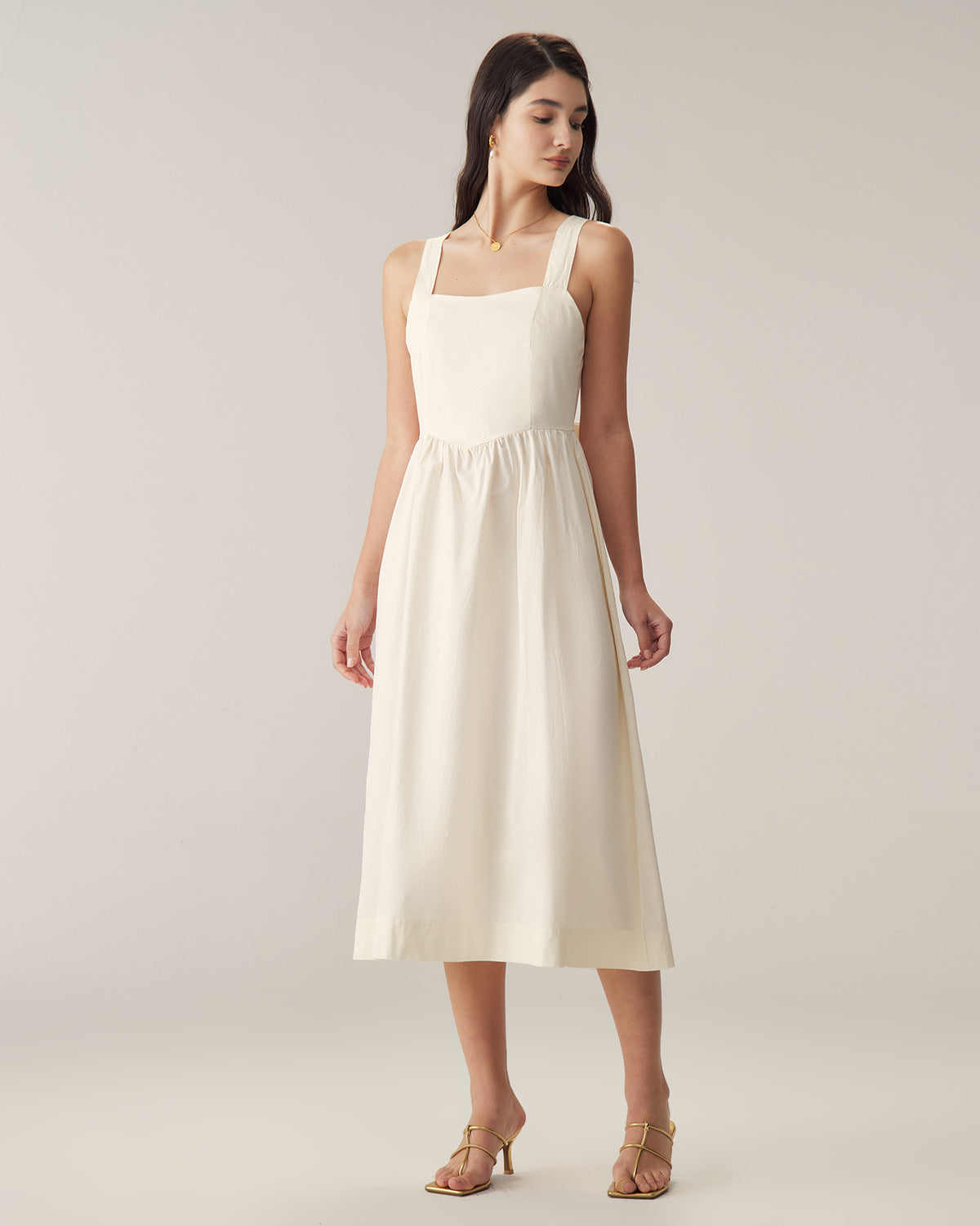 Beige Square Neck Backless Slip Midi Dress