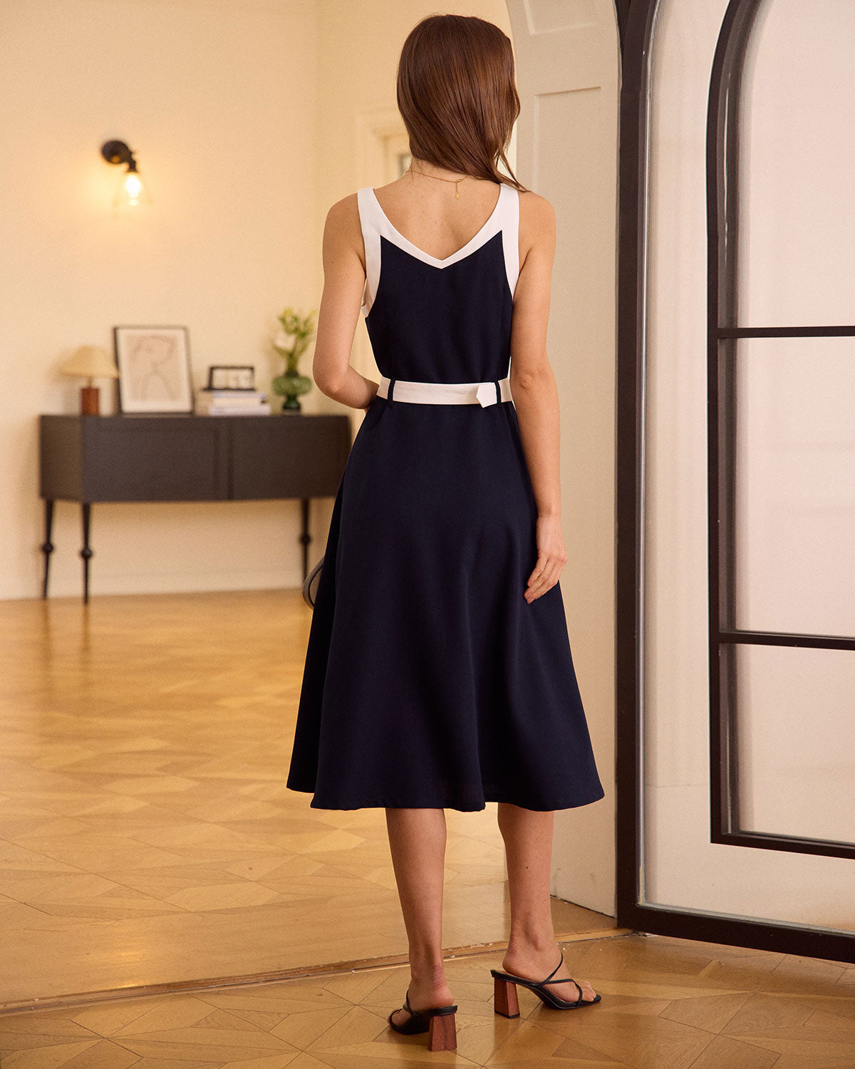 The Navy V Neck Colorblock Belted Midi Dress