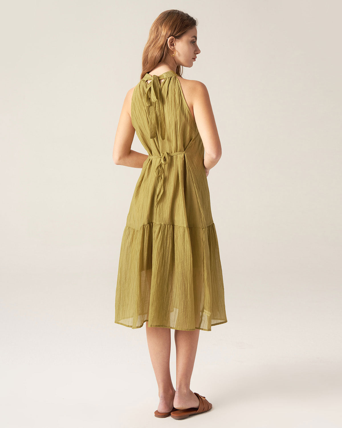 Green Ruffle Tie Neck Midi Dress