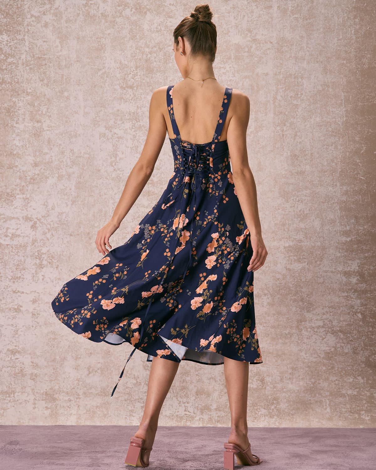 The Navy Lace Up Floral Ruched Midi Dress