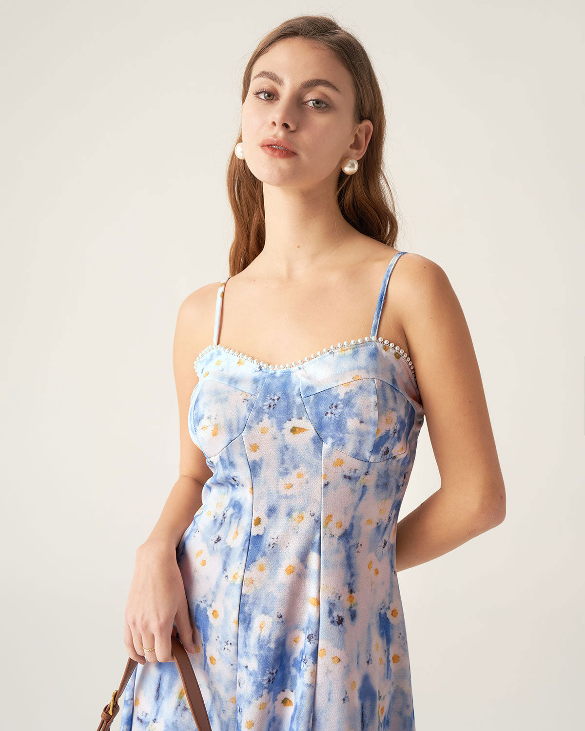 Blue Floral Sweetheart Neck Midi Dress