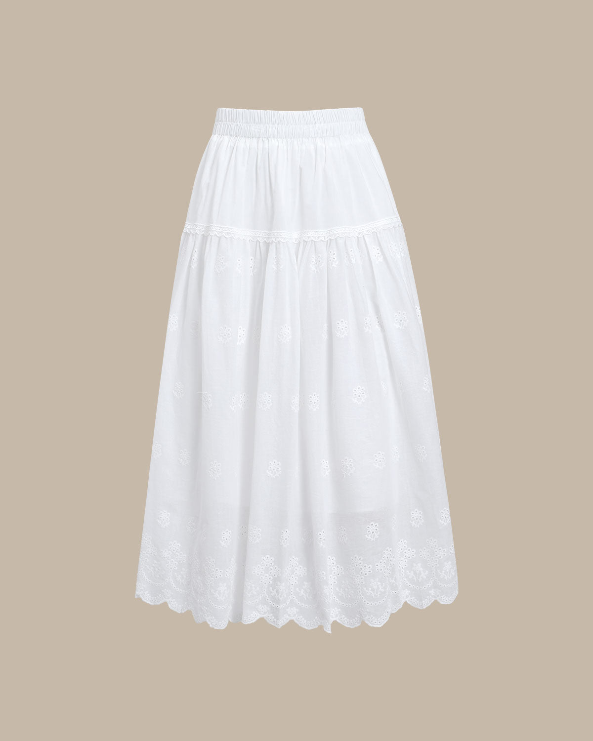 White Embroidery A-Line Midi Skirt